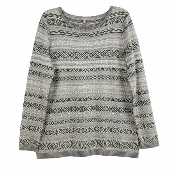 J. Jill Fair Isle Sweater Size M Crewneck Gray Multicolor Nordic Cotton Blend - Picture 1 of 9